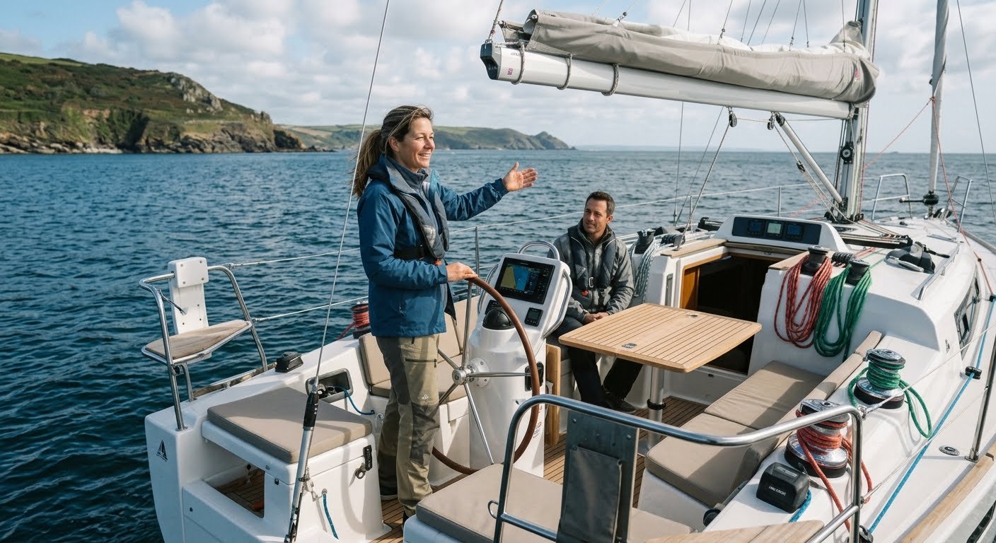 Sailing instructor teaching a student at the helm of a cruising sailboat
